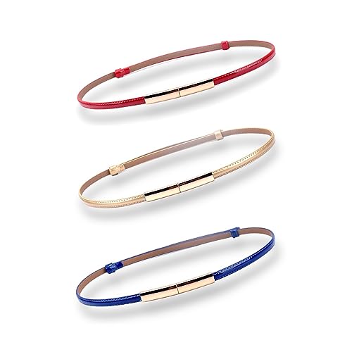 CaserBay Women's Belt Dress Fashion Patent Leather Belts Adjustable 22"- 36" Skinny Slim Belt Genuine Leather Gold Color Buckle Waistband, 3-Pack, Red, Gold & Dark Blue - Image 1