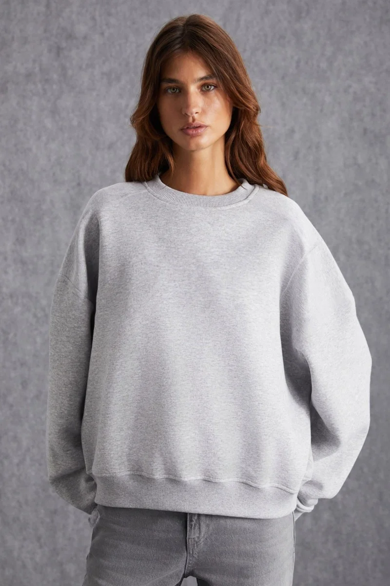 جريميلانج VANELTINA Women's Crew Neck Polar Fleece Oversize Fit Basic Grey Melange Sweatshirt