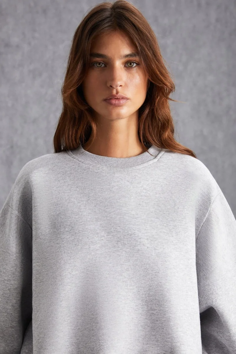 جريميلانج VANELTINA Women's Crew Neck Polar Fleece Oversize Fit Basic Grey Melange Sweatshirt