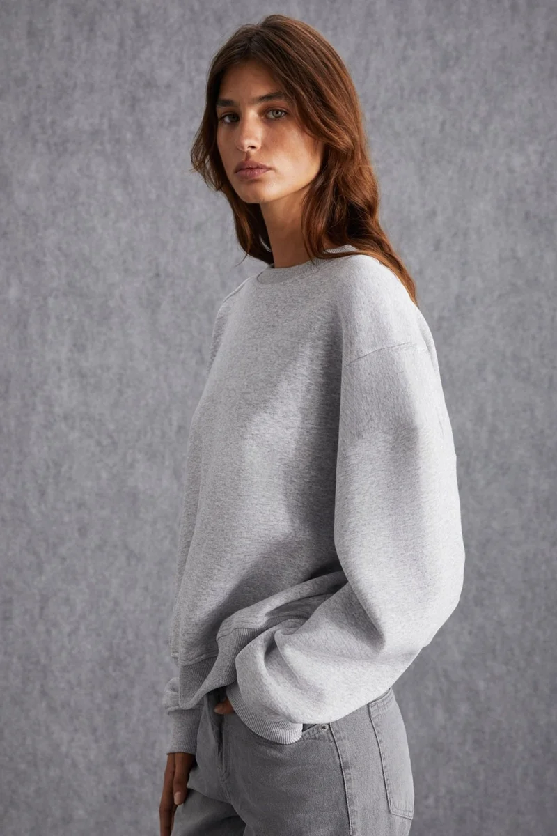 جريميلانج VANELTINA Women's Crew Neck Polar Fleece Oversize Fit Basic Grey Melange Sweatshirt