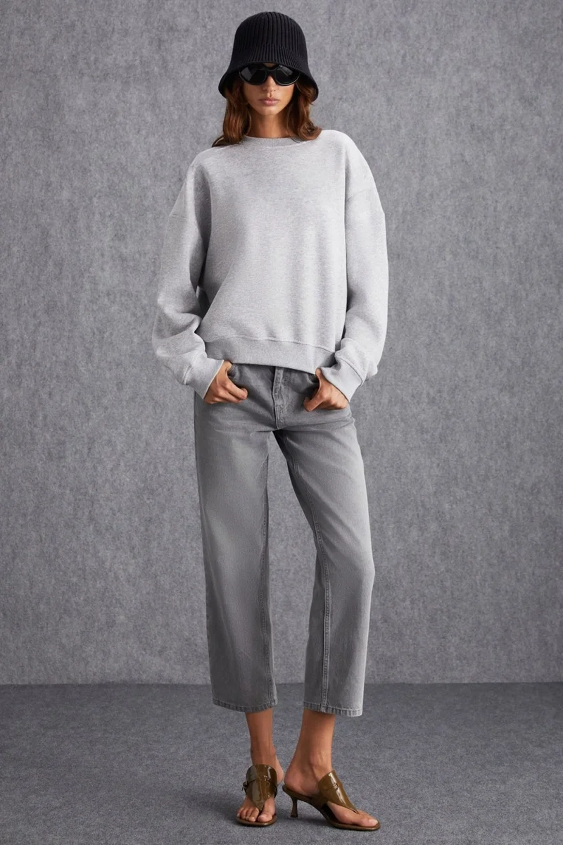 جريميلانج VANELTINA Women's Crew Neck Polar Fleece Oversize Fit Basic Grey Melange Sweatshirt