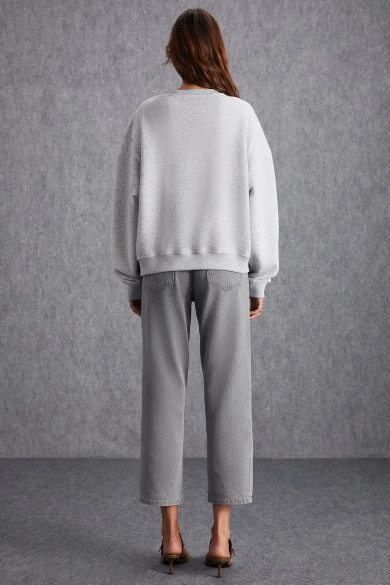 جريميلانج VANELTINA Women's Crew Neck Polar Fleece Oversize Fit Basic Grey Melange Sweatshirt