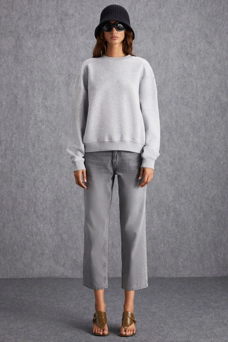 جريميلانج VANELTINA Women's Crew Neck Polar Fleece Oversize Fit Basic Grey Melange Sweatshirt