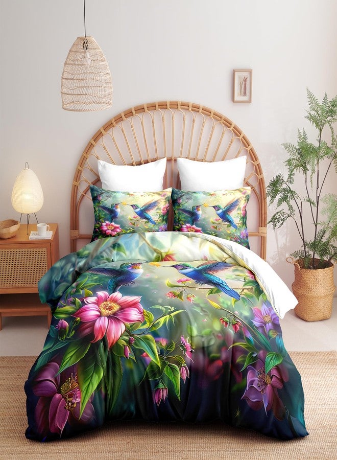 CCoutueChen Botanical Flower Bird Comforter Set Queen, 3pcs Blue Hummingbird Soft Bedding Set for Women Girls, Lightweight Down Alternative Comforter with 2 Matching Pillowcases(90" X 90") - Image 2