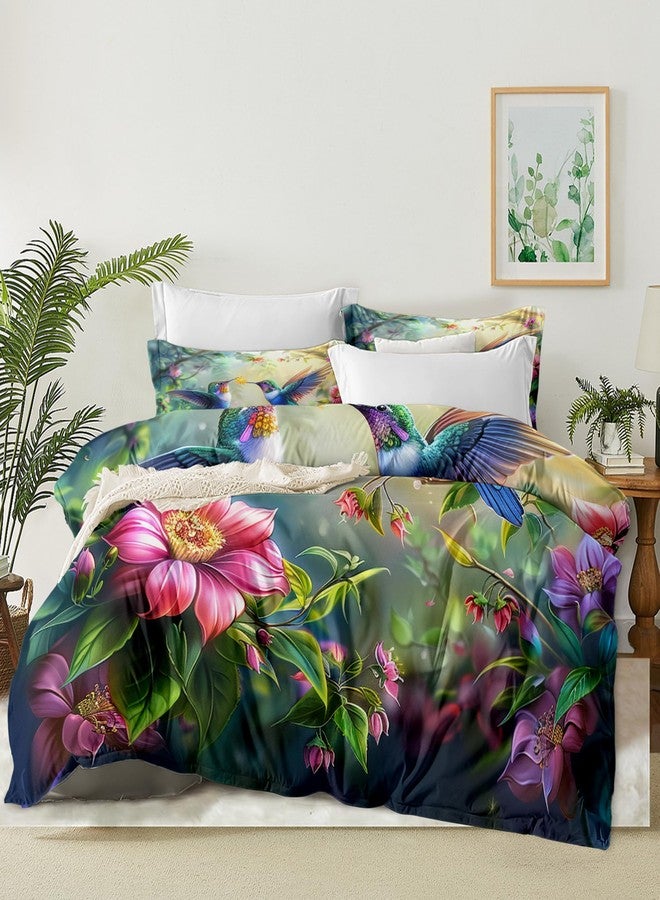 CCoutueChen Botanical Flower Bird Comforter Set Queen, 3pcs Blue Hummingbird Soft Bedding Set for Women Girls, Lightweight Down Alternative Comforter with 2 Matching Pillowcases(90" X 90") - Image 5