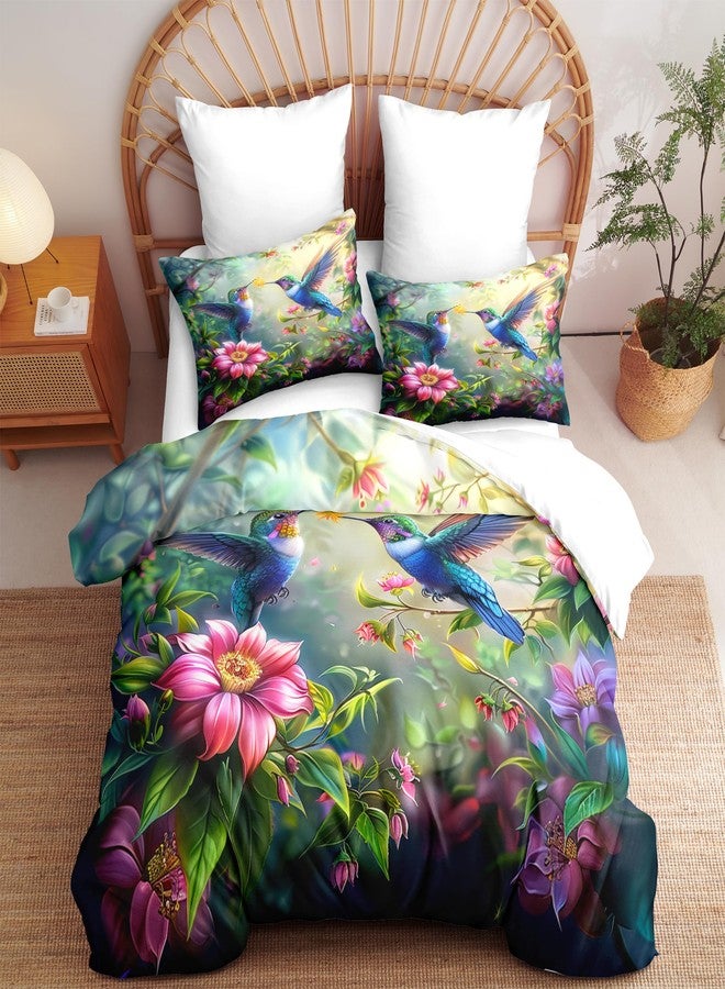 CCoutueChen Botanical Flower Bird Comforter Set Queen, 3pcs Blue Hummingbird Soft Bedding Set for Women Girls, Lightweight Down Alternative Comforter with 2 Matching Pillowcases(90" X 90") - Image 1