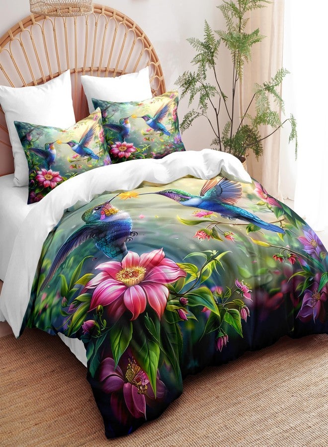CCoutueChen Botanical Flower Bird Comforter Set Queen, 3pcs Blue Hummingbird Soft Bedding Set for Women Girls, Lightweight Down Alternative Comforter with 2 Matching Pillowcases(90" X 90") - Image 4