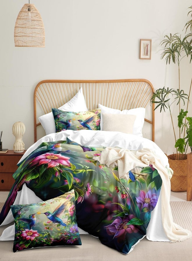 CCoutueChen Botanical Flower Bird Comforter Set Queen, 3pcs Blue Hummingbird Soft Bedding Set for Women Girls, Lightweight Down Alternative Comforter with 2 Matching Pillowcases(90" X 90") - Image 3