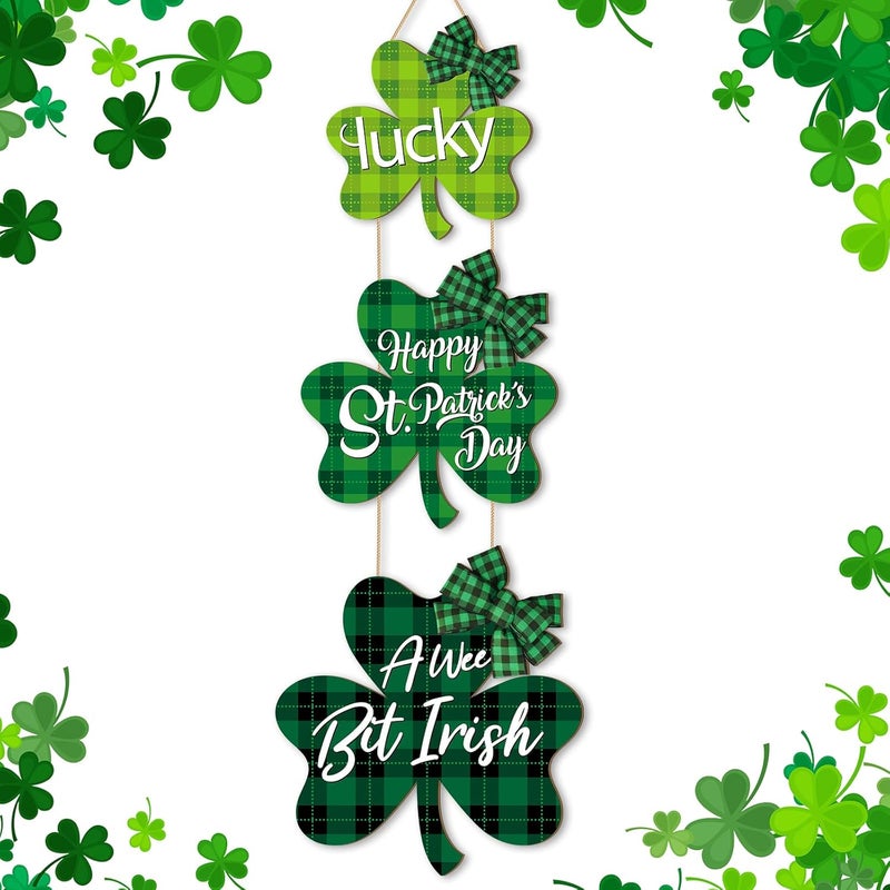 Marsui St Patricks Decorations for Home Shamrock Wall Decor Irish Green Lucky Clover Wooden Door Sign Happy St Patricks Day Wood Hanging Sign Door Hanger for Front Door Porch Indoor Outdoor Decor - Image 1