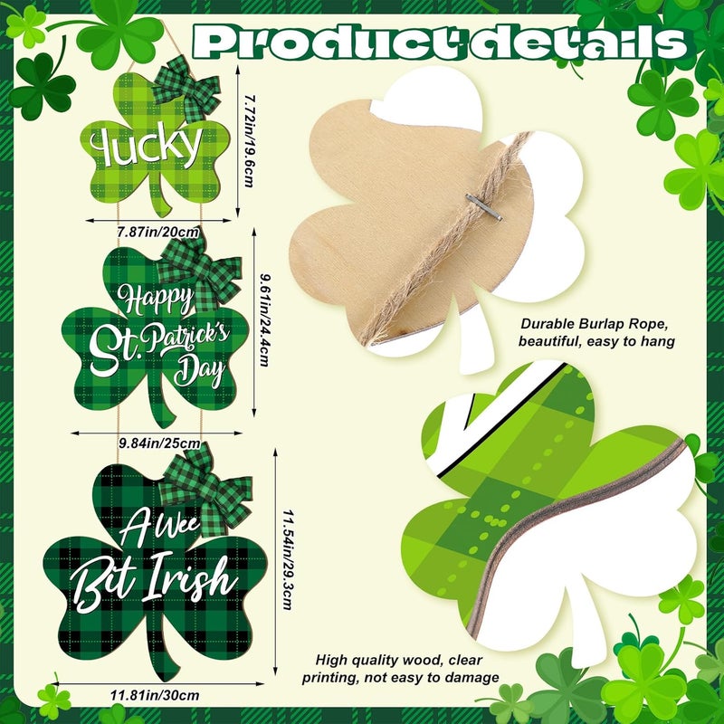 Marsui St Patricks Decorations for Home Shamrock Wall Decor Irish Green Lucky Clover Wooden Door Sign Happy St Patricks Day Wood Hanging Sign Door Hanger for Front Door Porch Indoor Outdoor Decor - Image 3