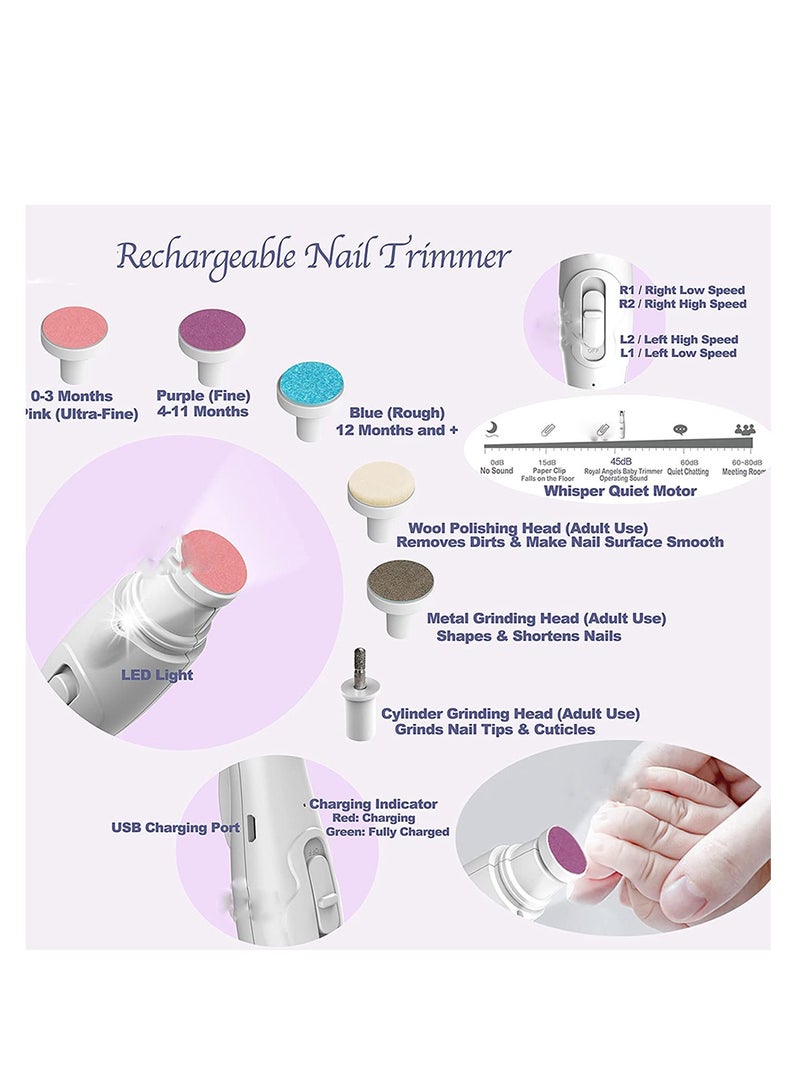 Barakah مبرد أظافر كهربائي للأطفال، مقص أظافر قابل لإعادة الشحن عبر USB 20 في 1، مجموعة آمنة مع ضوء LED مدمج ورؤوس بديلة، لأظافر وأصابع الأطفال حديثي الولادة، قص وتلميع - Image 2
