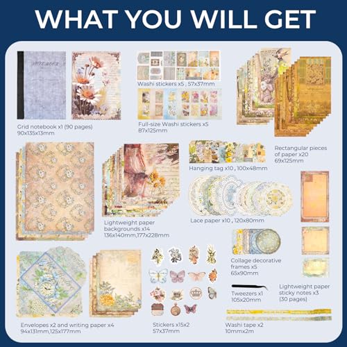 Funto Scrapbooking Kit (202 PCS), Vintage Collection-Wonderland, Perfect for Bullet Scrapbooking Materials, Planner DIY Arts Craft Collage - Image 2