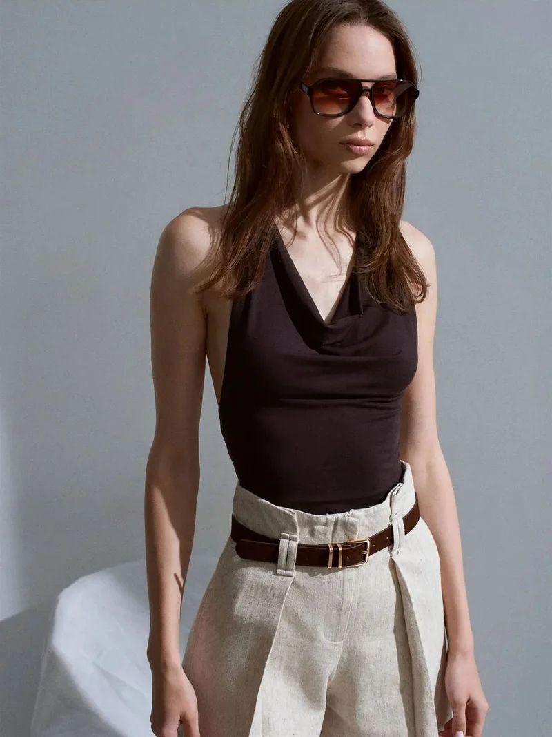 ديلفين Dilvin Sleeveless Cowl Neck Tie Blouse