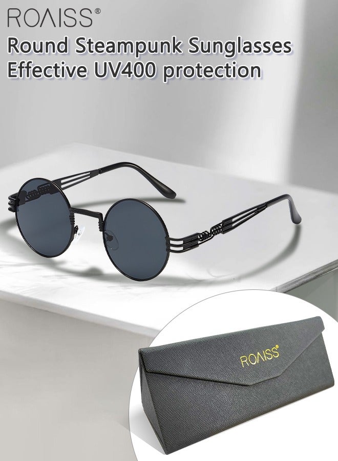 roaiss Round Steampunk Sunglasses for Men Women, UV400 Protection Sun Glasses with Metal Frame, Fashion Anti-Glare Sunglasses for Driving, Fishing, Traveling, Black, 50mm - Image 2