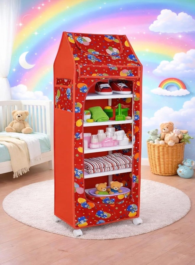 YouCopia Baby Wardrobe Plastic Kids Storage Rack with Fabric Cover & Wheels | 6-Tier Plastic Shelves Organizer | Toy, Book & Clothes Storage Cabinet for Kids Room (Red) - Image 5
