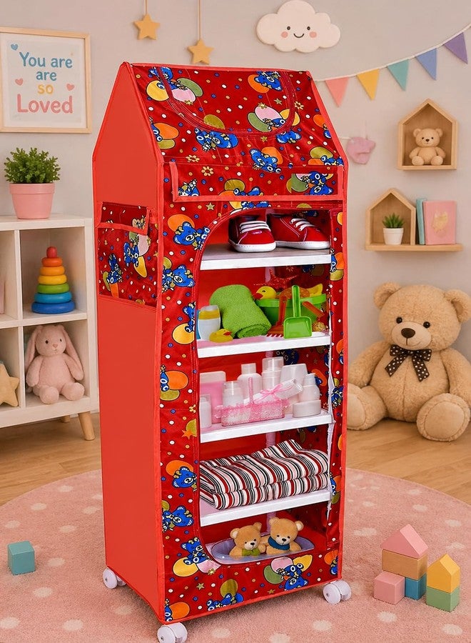 YouCopia Baby Wardrobe Plastic Kids Storage Rack with Fabric Cover & Wheels | 6-Tier Plastic Shelves Organizer | Toy, Book & Clothes Storage Cabinet for Kids Room (Red) - Image 1