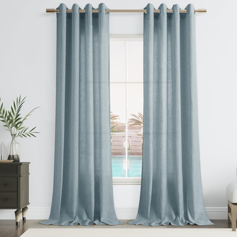 Jowels Extra Long Dusty Blue Linen Stertains 120 بوصة طولها لغرفة المعيشة 2 لوحات الكتان مزج الستائر ضوء الستار النافذة جروميت شبه مطلقة ستارة الباب انزلاق 120 بوصة الطول 10 قدم - Image 2