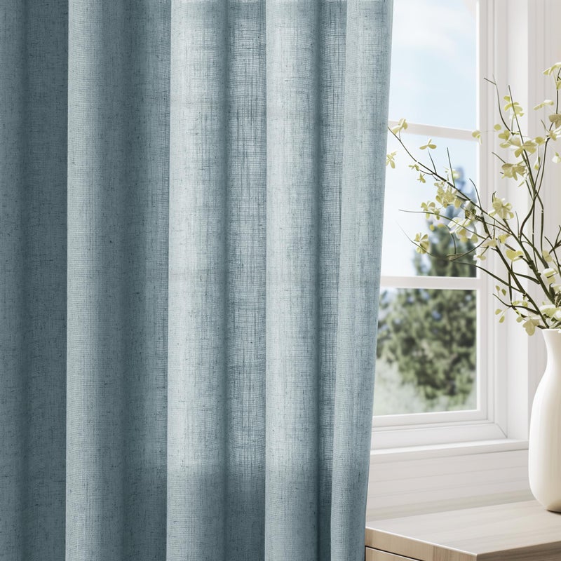 Jowels Extra Long Dusty Blue Linen Stertains 120 بوصة طولها لغرفة المعيشة 2 لوحات الكتان مزج الستائر ضوء الستار النافذة جروميت شبه مطلقة ستارة الباب انزلاق 120 بوصة الطول 10 قدم - Image 5