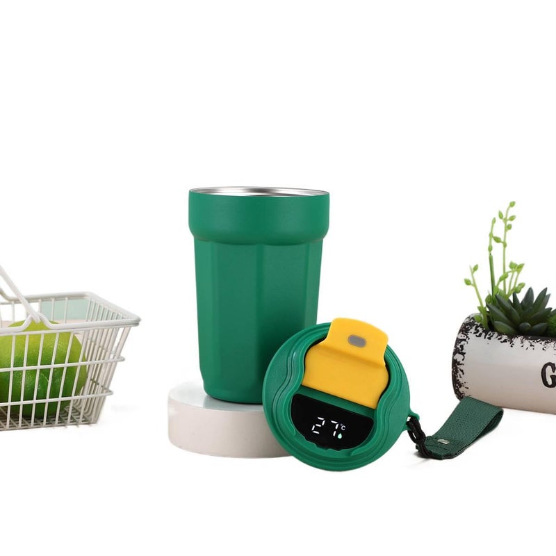 كوب قهوة للسفر بمقبض سهل الحمل من ستانلس ستيل مع بطانة خزفية، 450 ml، أخضر مع مقبض من الستانلس ستيل باللون الأخضر للمكتب للاستخدام الخارجي - Image 1