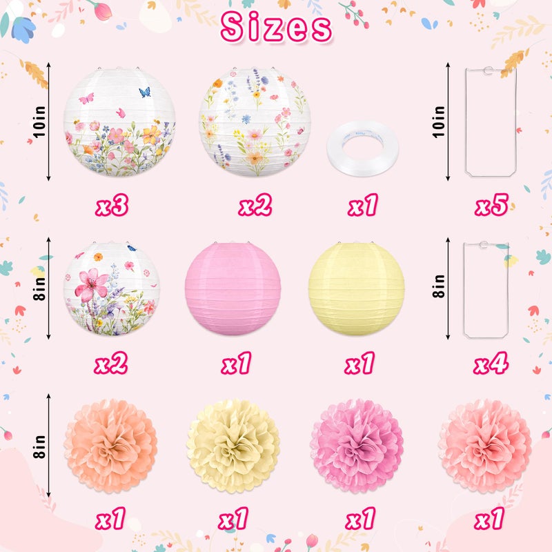 Renbuzhu 13PCS Spring Wildflower Party Decorations Hanging Paper Lanterns Pom Poms for Baby in Bloom Baby Shower Tea Party Garden Home Indoor Outdoor - Image 3
