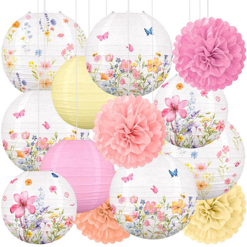 Renbuzhu 13PCS Spring Wildflower Party Decorations Hanging Paper Lanterns Pom Poms for Baby in Bloom Baby Shower Tea Party Garden Home Indoor Outdoor - Image 1