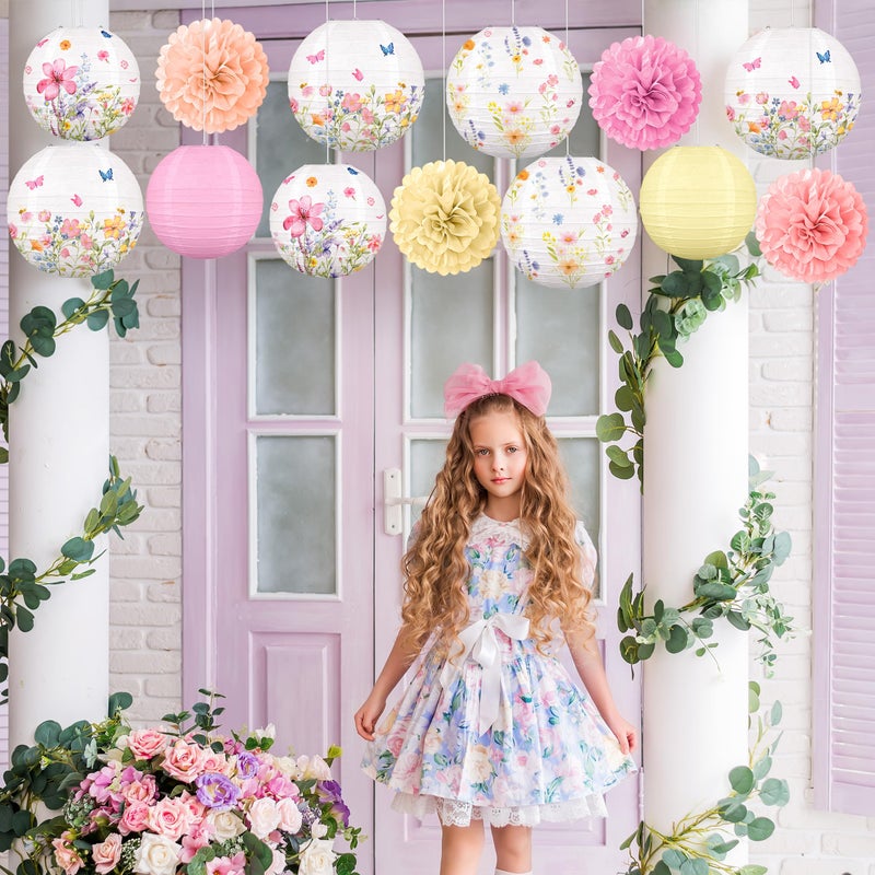 Renbuzhu 13PCS Spring Wildflower Party Decorations Hanging Paper Lanterns Pom Poms for Baby in Bloom Baby Shower Tea Party Garden Home Indoor Outdoor - Image 4