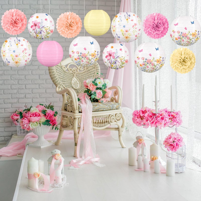 Renbuzhu 13PCS Spring Wildflower Party Decorations Hanging Paper Lanterns Pom Poms for Baby in Bloom Baby Shower Tea Party Garden Home Indoor Outdoor - Image 2