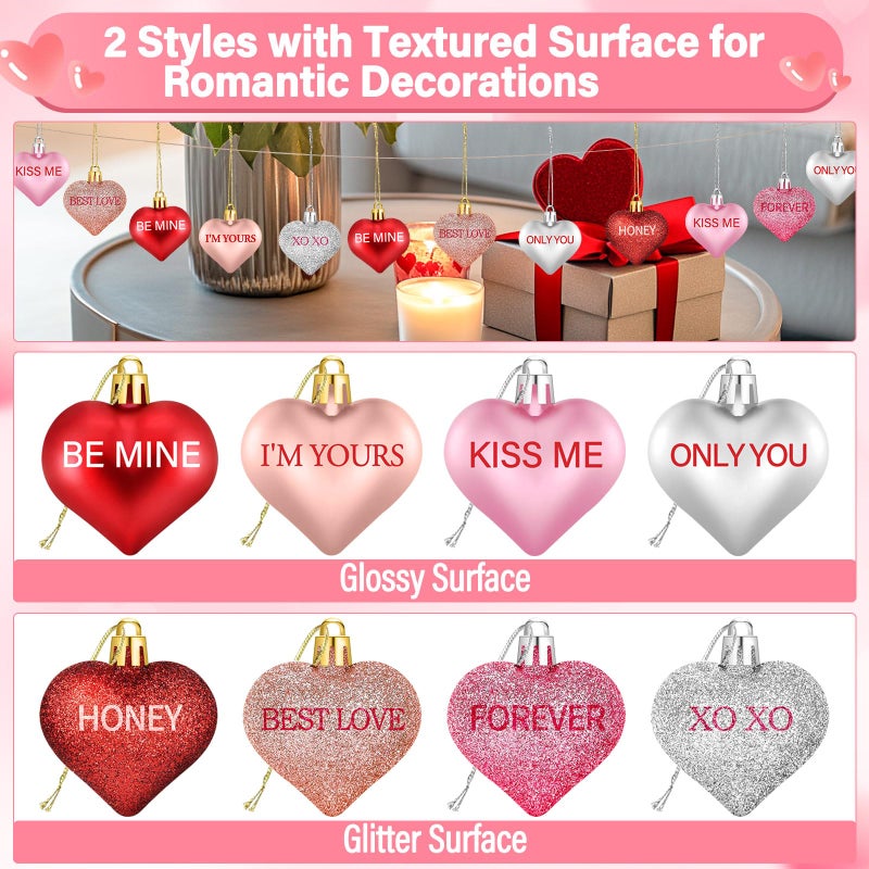 Cludoo 56PCS Valentines Tree Decorations Heart Ornaments, 8 Styles Valentines Day Heart Shaped Ornaments with Sweet Love Words Heart Baubles for Romantic Valentines Tree Decor Wedding Anniversary Decor - Image 3