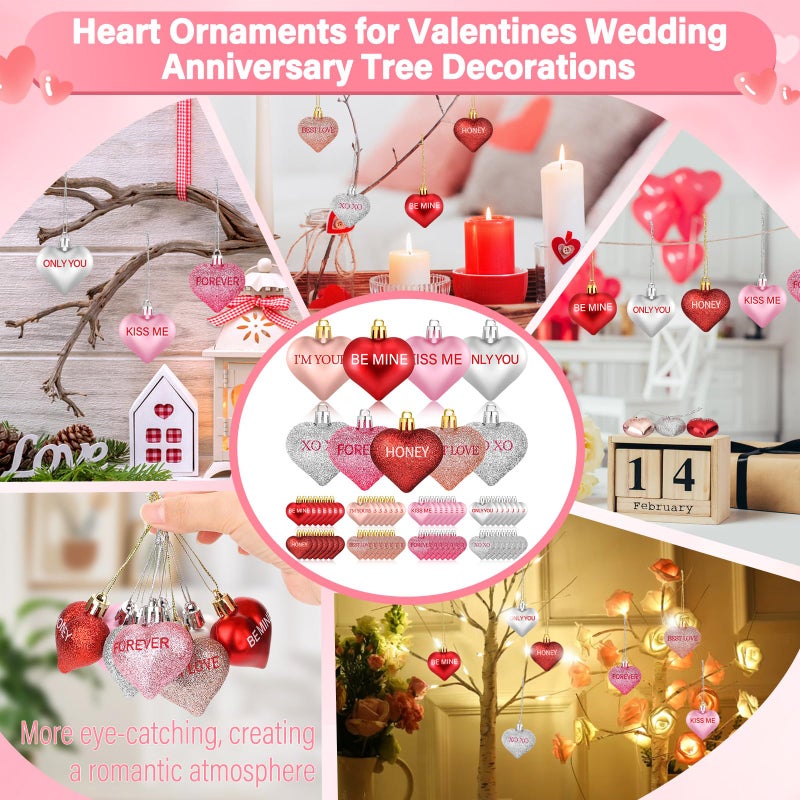 Cludoo 56PCS Valentines Tree Decorations Heart Ornaments, 8 Styles Valentines Day Heart Shaped Ornaments with Sweet Love Words Heart Baubles for Romantic Valentines Tree Decor Wedding Anniversary Decor - Image 4