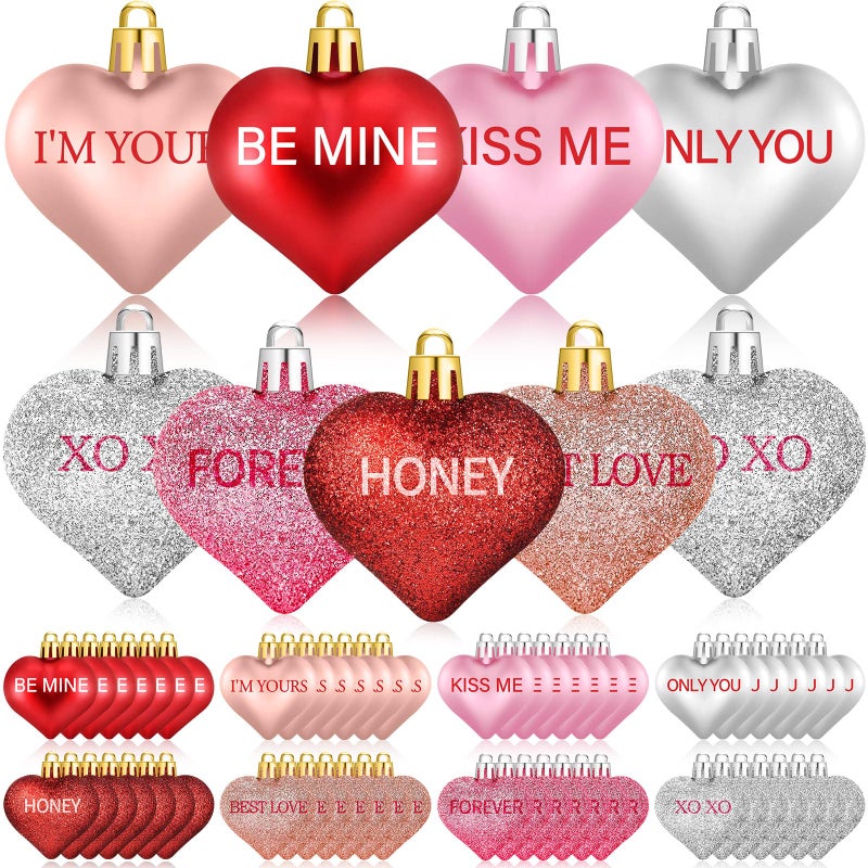 Cludoo 56PCS Valentines Tree Decorations Heart Ornaments, 8 Styles Valentines Day Heart Shaped Ornaments with Sweet Love Words Heart Baubles for Romantic Valentines Tree Decor Wedding Anniversary Decor - Image 1