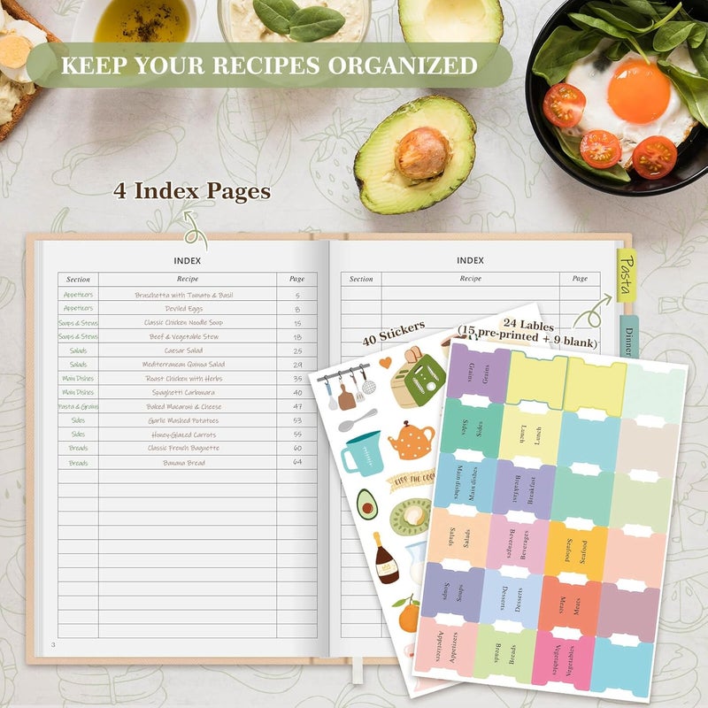 Lanpn Blank Recipe Book Cookbook to Write in Your Own Recipes, Waterproof A5 Empty Cooking Journal for 70 Recipes, Leather Cover Recipe Notebook with Stickers to Organize Your Family Recipes, Oat - Image 5
