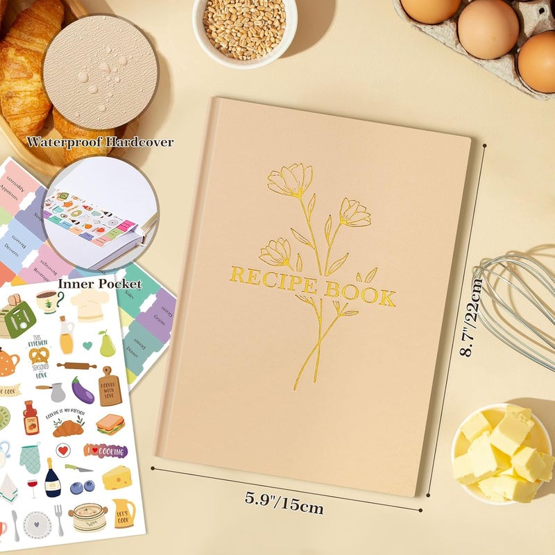 Lanpn Blank Recipe Book Cookbook to Write in Your Own Recipes, Waterproof A5 Empty Cooking Journal for 70 Recipes, Leather Cover Recipe Notebook with Stickers to Organize Your Family Recipes, Oat - Image 2
