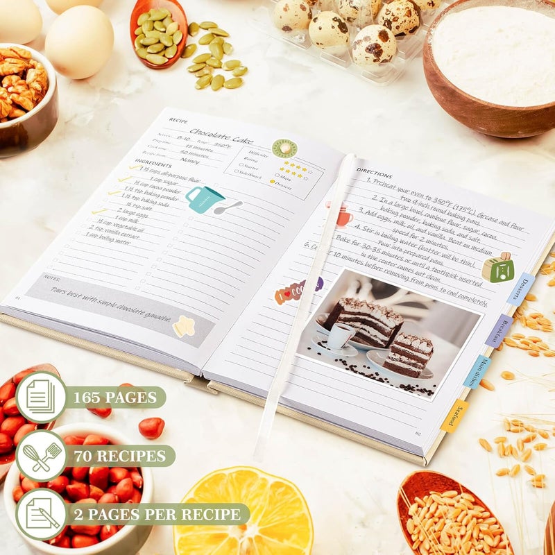 Lanpn Blank Recipe Book Cookbook to Write in Your Own Recipes, Waterproof A5 Empty Cooking Journal for 70 Recipes, Leather Cover Recipe Notebook with Stickers to Organize Your Family Recipes, Oat - Image 3