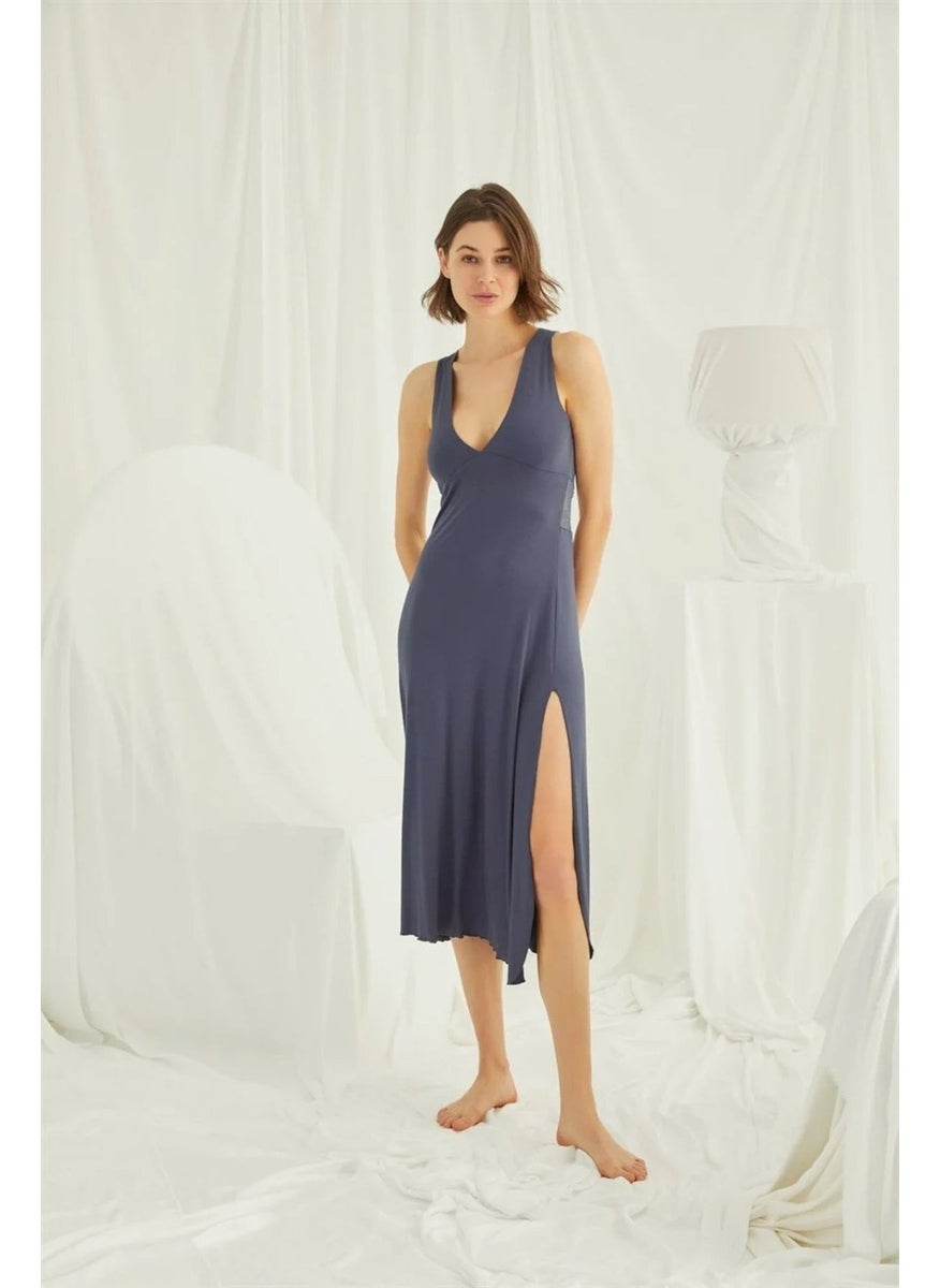 Monamise Women's Navy Blue Chest and Back Decoated Brode Lace Slit Nightgown 18408  - Image 1