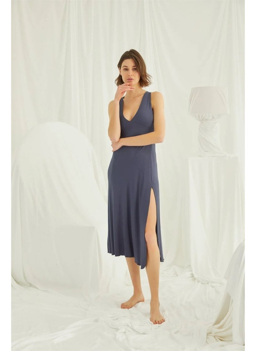 Monamise Women's Navy Blue Chest and Back Decoated Brode Lace Slit Nightgown 18408  - Image 5