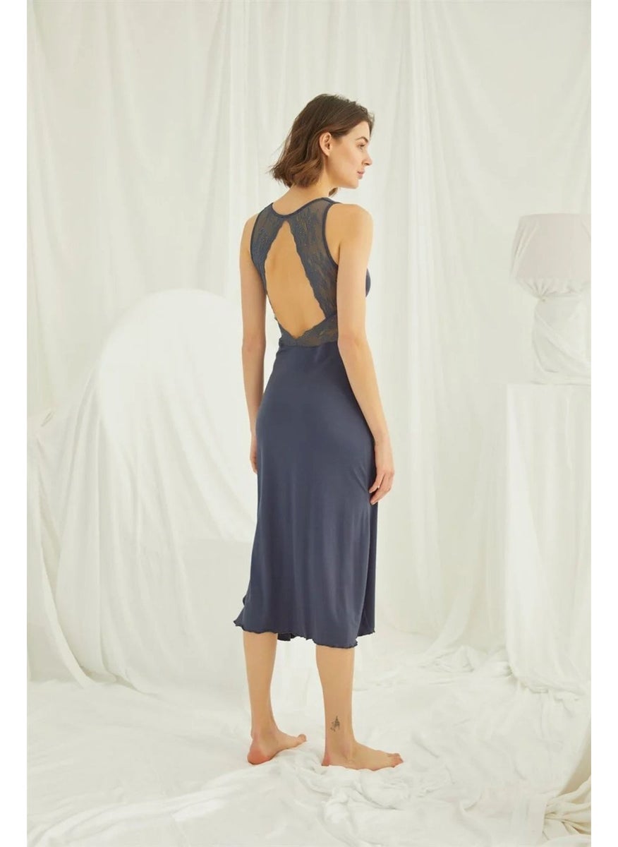 Monamise Women's Navy Blue Chest and Back Decoated Brode Lace Slit Nightgown 18408  - Image 3