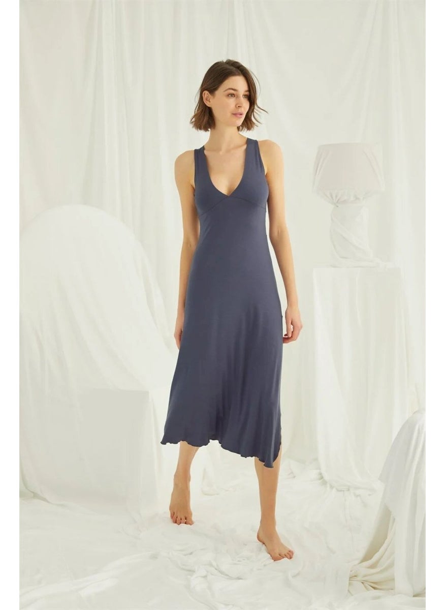 Monamise Women's Navy Blue Chest and Back Decoated Brode Lace Slit Nightgown 18408  - Image 2
