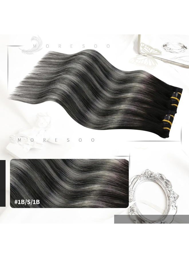 Moresoo Clip in Hair Extensions Remy Double Weft Human Hair Clip in Extensions Balayage Straight Hair Extensions for Women Ombre Black with Silver Grey 16inch 7pcs 120g - Image 2
