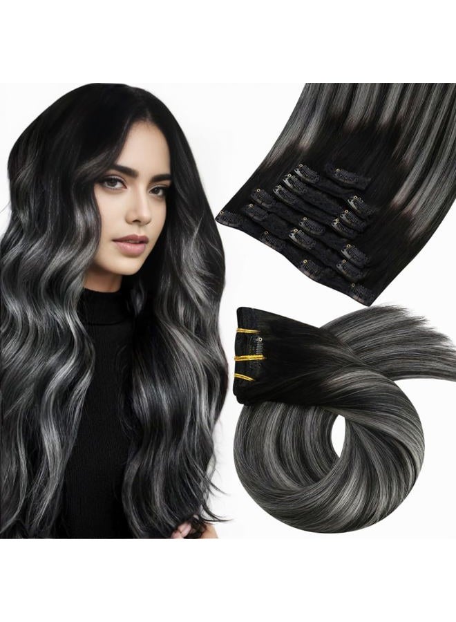 Moresoo Clip in Hair Extensions Remy Double Weft Human Hair Clip in Extensions Balayage Straight Hair Extensions for Women Ombre Black with Silver Grey 16inch 7pcs 120g - Image 1