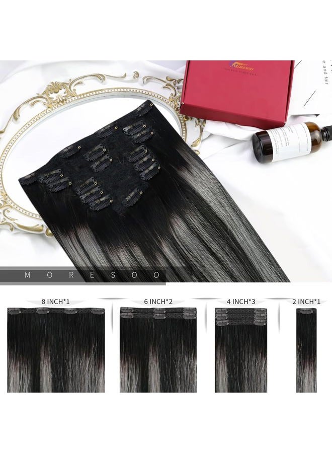 Moresoo Clip in Hair Extensions Remy Double Weft Human Hair Clip in Extensions Balayage Straight Hair Extensions for Women Ombre Black with Silver Grey 16inch 7pcs 120g - Image 3