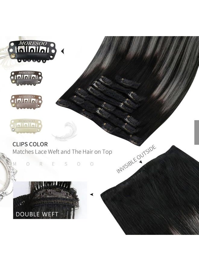 Moresoo Clip in Hair Extensions Remy Double Weft Human Hair Clip in Extensions Balayage Straight Hair Extensions for Women Ombre Black with Silver Grey 16inch 7pcs 120g - Image 4