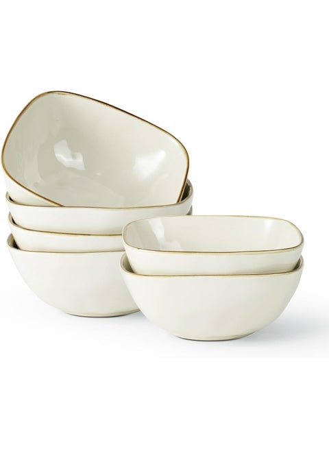 طقم 6 قطع من الأطباق المربعة من الخزف، وعاء تقديم للحبوب، الحساء، الأرز، المعكرونة، مقاوم للخدوش، آمن للاستخدام في الميكروويف وغسالة الصحون، أبيض فانيليا