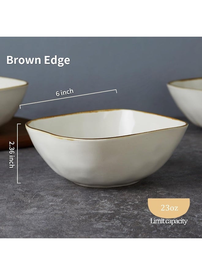 Famiware Ocean 6 Piece Stoneware Square Bowls Set, Serving Bowl for Cereal, Soup, Rice, Pasta, Scratch Resistant, Microwave & Dishwasher Safe, Vanilla White - Image 2