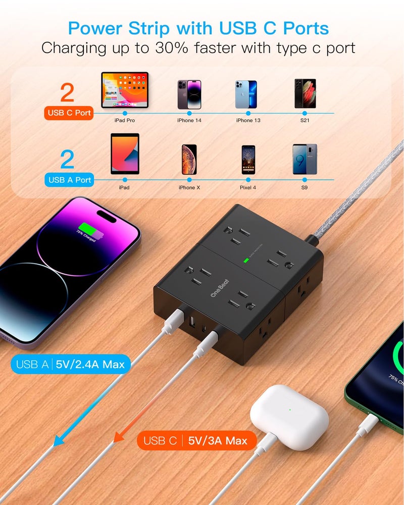 One Beat Surge Protector Power Strip 25 Ft Cord, Ultra Thin Flat Extension Cord with 8 Outlets 4 USB Ports(2 USB C), Flat Plug Power Strip, 25 Ft Long Braided Power Cord for College Dorm Room Essentials-BK - Image 5