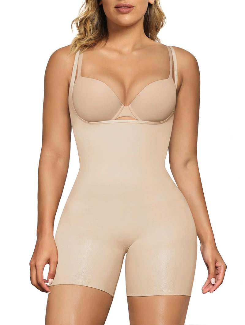 SHAPERX Open Bust Shapewear Tummy Control Bodysuits for Women Seamless Compression High Waisted Body Shaper, SZ5258-Beige-S/M - Image 1