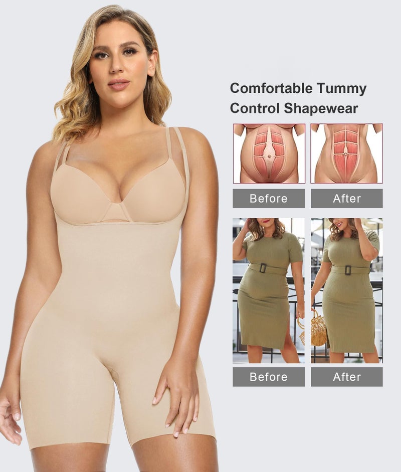 SHAPERX Open Bust Shapewear Tummy Control Bodysuits for Women Seamless Compression High Waisted Body Shaper, SZ5258-Beige-S/M - Image 5
