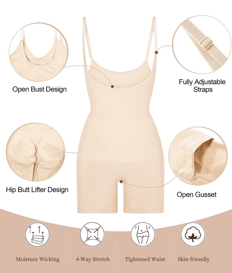 SHAPERX Open Bust Shapewear Tummy Control Bodysuits for Women Seamless Compression High Waisted Body Shaper, SZ5258-Beige-S/M - Image 4