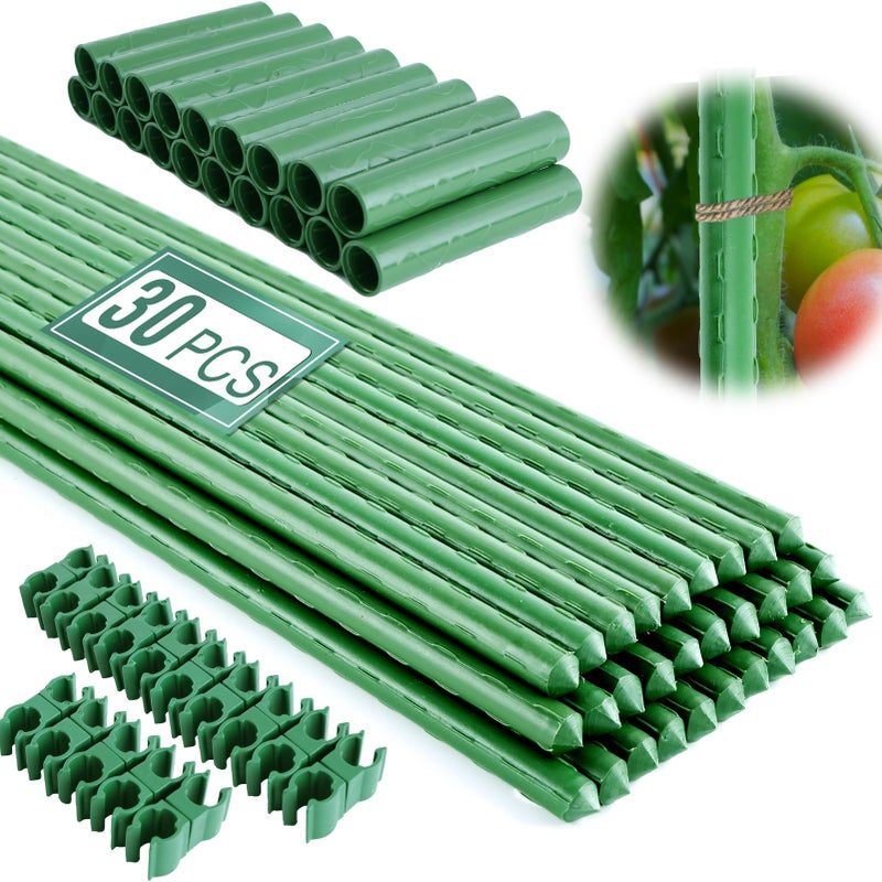 Fabulas Garden Stakes 16 Inch 30 Pack, Diy 4ft 5ft 6ft 7ft 8ft Tomato Stakes Plastic Coated Metal Plant Sticks Stakes Supports with 20 Connectors 15 Rotatable Clips for Indoor Outdoor Plants Vegetable - Image 1