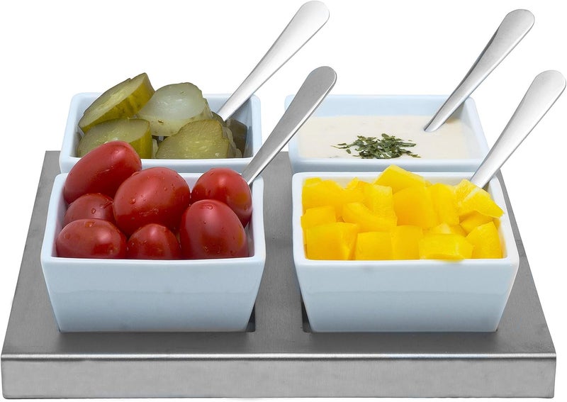 Stephanie Imports White Ceramic Appetizer Condiment Relish Serving Bowl Set of 4 With Spoons  Stainless Steel Tray Modern Square - Image 1
