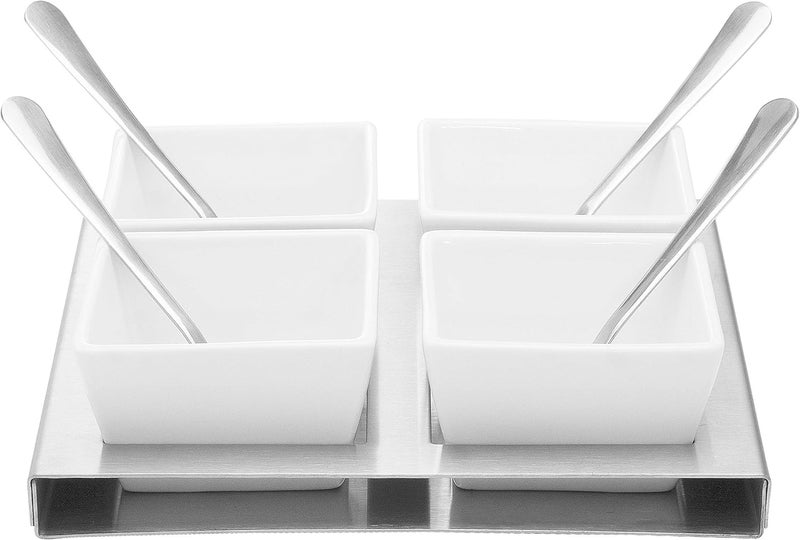 Stephanie Imports White Ceramic Appetizer Condiment Relish Serving Bowl Set of 4 With Spoons  Stainless Steel Tray Modern Square - Image 2